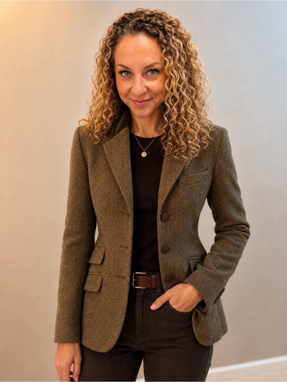 Ralph Lauren Brown Tweed Wool Blazer with Olive Green Collar